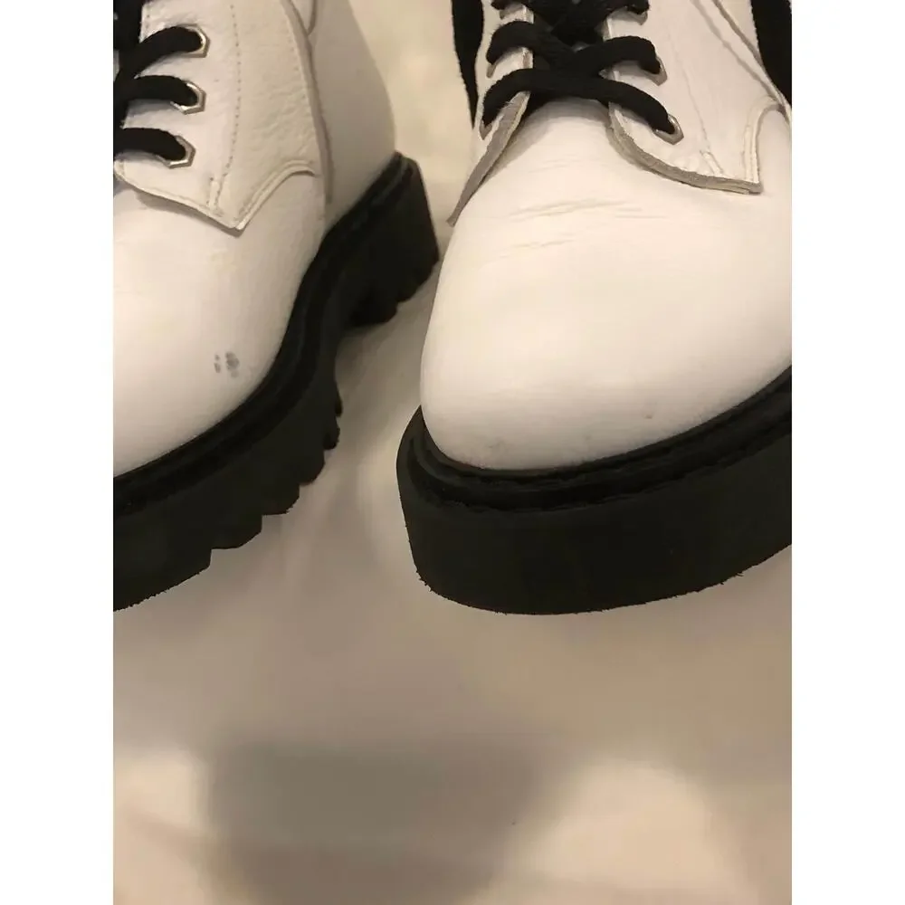 Steve Madden Combat Boots Women Size 9.5 White Black Lace Up Chunky Sole Zipper‎